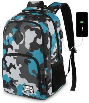 YAMTION School Backpack for Teen Boys,Bookbag for High School College Backpack with USB,Camouflage Blue