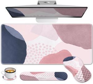 Anyshock Desk Mat for Keyboard and Mouse, Ergonomic Mouse Pad Set, Pink Mouse Pad with Wrist Rest, Anti-Fatigue Wrist and Mouse Pad Sets with Coaster (Pink Boho Navy)