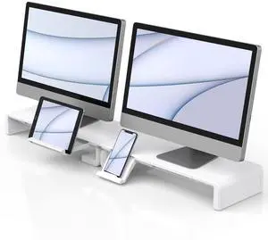 Klearlook 2 Pack Foldable Monitor Stand Riser, Height Adjustable with Storage Drawer & Tablet Phone Stand for Computer, Desktop, Laptop (White)