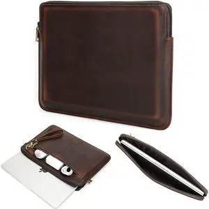 CataPurus Top Grain Leather 13.3" Slim Laptop Sleeve Case Bag, Vintage Design with 2 Zip Pocket, Handmade, Compatible with MacBook Pro 13.3" MacBook Air 2022 DELL XPS 13" & Other PC, Coffee 13.3 Inch