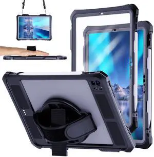 Waterproof Case for iPad Pro 11 Inch 2024 (5th Gen), with Screen Protector/Shoulder Strap/Pencil Holder/Handle/Rotating Stand Shockproof Premium Protective Cover, Black