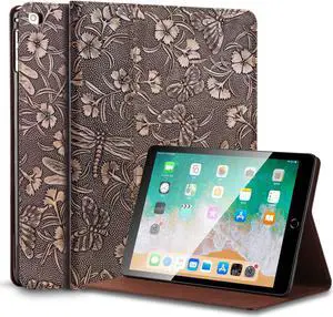 Gexmil Case for iPad 9.7 Inch,6th/5th Generation(2018/2017)-iPad Air 2/1 Gen. Genuine Leather Cover Anti Fingerprint/Slip,Cowhide Folio Cover Auto Sleep/Wake with Adjustable Stand,Butterfly Pattern