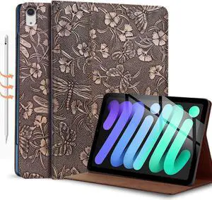 Gexmil Genuine Leather Case for iPad Mini 7 (A17 Pro) 2024,iPad Mini 6 Generation 8.3 Inch Case 2021, Anti Fingerprint/Slip,Cowhide Folio Cover Auto Sleep/Wake with Adjustable Stand,Butterfly Pattern