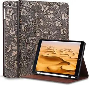 Gexmil Leather Case for iPad 10.2 inch 9th/8th/7th Gen. 2021/2020/2019 with Pencil Holder, Genuine Leather Cover Auto Sleep/Wake,Smart Folio Shockproof Protective,Anti-Fingerprint,Butterfly Grey