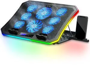 Laptop Cooling Pad RGB Gaming Notebook Cooler for Desk and Lap Use, MOOJAY Laptop Fan Stand 8 Adjustable Heights with 8 Quiet Fans and Phone Holder, for 15.6-17.3 Inch Laptops - Blue LED Light