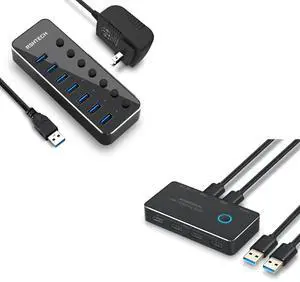 RSHTECH 7 PortPowered USB 3.0 Hub with AC Adapter + 2 in 5 Out USB Switch with 4 USB 3.0 Ports, 3.5mm Audio Jack and 2 Pack USB Cable