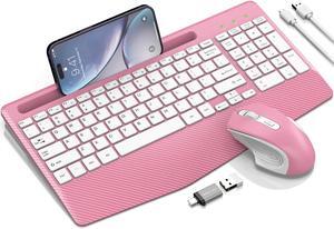 Wireless Keyboard and Mouse Combo, Ergonomic Keyboard with Wrist Rest, Phone Holder, Sleep Mode, 2.4G Lag-Free Rechargeable Compact Silent Cordless Keyboard Mouse for Windows, Mac, Laptop, PC (Pink)