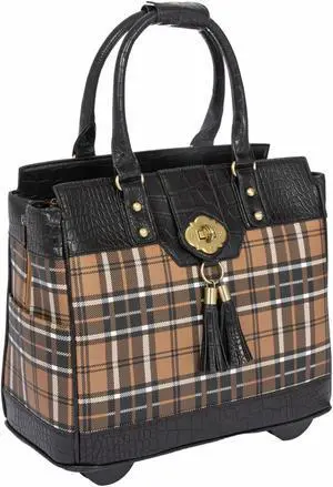 JKM & Company Rolling Laptop Bag for Women | Designer Wheeled Briefcase | Fits 13-17" Laptops | Office Travel Computer Case (Plaid)