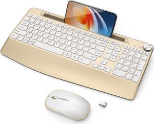JOYACCESS Ergonomic Wireless Keybaord and Mouse Combo, Full-Sized Wireless Keyboard with Wrist Rest, Wireless Keyboard Mouse Combo with Tablet Holder, Volume Roller for Computer PC Laptop-Gold&White