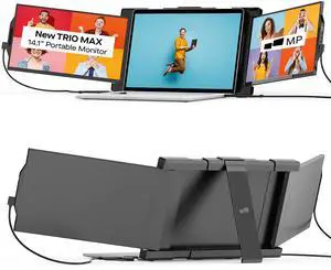 Trio Max 14.1" Mobile Pixels Portable Laptop Monitor(2025 Version), FHD IPS Triple Monitor with Built-in Kickstand, Type-C/USB A Laptop Screen Extender(Optional Magnets), Windows/Android/macOS/Switch