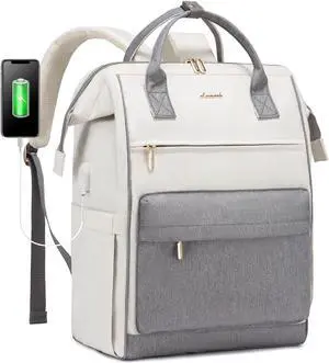 LOVEVOOK Laptop Backpack for Women, 17 Inch Work Teacher Nurse Bag, Large Capacity Business Computer Backpack Purse with USB Port, Stylish Casual Daypack for Travel,Beige&Grey