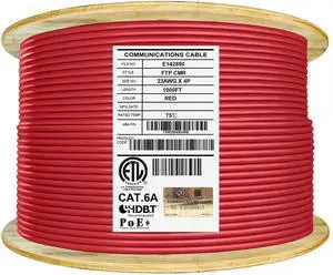 Elite Cat6A Shielded Riser (CMR), 1000ft, FTP 23AWG, Solid Bare Copper, 650MHz, 10Gb Speeds, UL Listed, UL-LP Certification, Higher Performance PoE++, TAA Compliant, Bulk Ethernet Cable Reel, Red