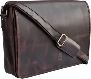 RUSTIC TOWN Leather Messenger Bag for Men Women - Full Grain Leather Laptop Satchel Office Shoulder Bag (16-Inch, Dark Brown)
