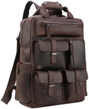Polare Cowhide Leather Multiple Laptop Backpack Day pack Travel Bag Satchel with YKK Metal Zippers