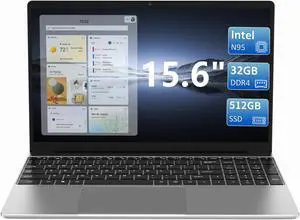 KurieTim 15.6" Laptop Computer - 32GB DDR4 RAM 512GB NVMe SSD Gaming Laptops with Backlight Keyboard, Fingerprint Reader,Quad-Core Intel_N95(Up to 3.4GHz), 8000mAh Battery,USB3.0x2,Win11 Pro,Silver
