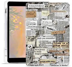 JOYLAND Art Aesthetic Newspaper Collage Pad Case for 10.2 Inch iPad 9th/7th/8th Generation with Pencil Holder, Foldable for iPad 2021/2020/2019 Trendy Retro Leather Protective Cover, Auto Wake/Sleep