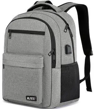 RJEU Backpack for Men and Women, School Backpack for Teen Boys and Girls, 15.6 inch Laptop Bookbag with USB Charging port for Business Work College, Grey