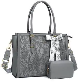 MOSISO Laptop Bag for Women, 15.6-16 inch PU Leather Tote Bag Compatible with MacBook, HP, Dell, Asus Notebook, Front Embossed Retro Hibiscus Computer Bags with Silk Scarf&Clutch Purse, Gray