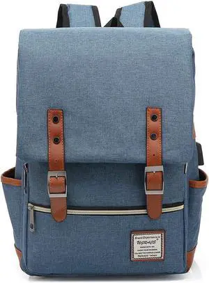 UGRACE Vintage Laptop Backpack with USB Charging Port, Elegant Water Resistant Travelling Backpack Casual Daypacks College Shoulder Bag for Men Women, Fits up to 15.6Inch Laptop in Blue