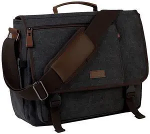 VASCHY Messenger Bag for Men, Canvas Water Resistant Briefcases 15.6in Laptop Bag Crossbody Satchel Computer Bags for Work Office Bag for Women Dark Gray