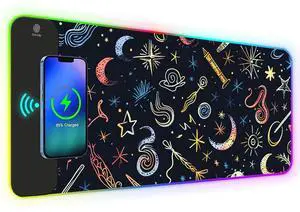 AIMSA RGB Gaming Mouse Pad with Wireless Charging, Large Keyboard Mouse Pad with 14 LED Light Modes, Non-Slip Rubber Base Waterproof Desk Pad for Home Office Decor, Abstract Moon Stars