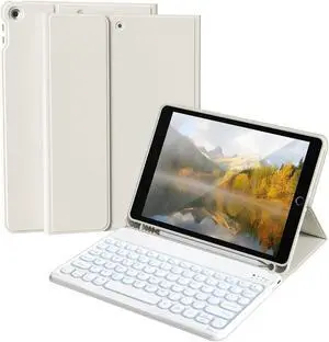 Aoub Keyboard Case for iPad 9th/8th/7th Generation 10.2 inch, 7 Colors Backlit, Stand Folio Detachable Wireless Bluetooth Keyboard Cover Soft TPU Back Case for iPad 10.2 2021/2020/2019 - White