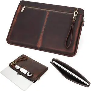 CataPurus Top Grain Leather 15.4" Slim Laptop Sleeve Case Bag, Vintage Design with 2 Zip Pocket, Handmade, Compatible with MacBook Pro 15.4" Retina 2.6GHz ThinkPad 15.6" & Other PC, Coffee 15.4 Inch