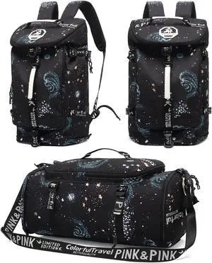 Floral gym duffel bag backpack, fashion wrestling bag,with shoe compartment, 4 kinds of back method waterproof travel sports walking laptop LightweightA-Starry Sky