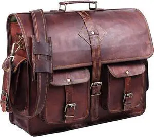 15 Inch Genuine Handmade Goat Leather Messenger Briefcase Office Satchel Unisex Distressed Bag Laptop Bag Shoulder Bag Unisex,Brown