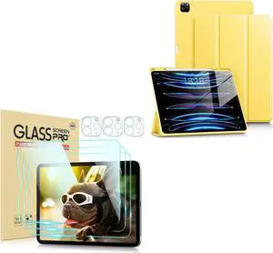 DTTO for iPad Pro 12.9 Inch 6th / 5th / 4th / 3rd Generation Case with Pencil Holder, Smart Slim Trifold Stand Cover with 3 Pack HD Tempered Glass Screen Protector, Yellow