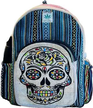 Himalayan Craft Hemp Backpack  Multi-Pocket Travel Bag, Laptop Unisex Pack, Cotton Stripe Nepali Bag for Festival & Hiking (13 Inch, 2 Large + 2 Bottle Pockets