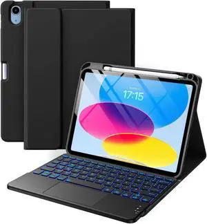 Harvopu Compatible for iPad 10th Generation Case with Keyboard (10.9", 2022), Folio Keyboard Cover with Pencil Holder, Multi-Touch Trackpad, 7 Color Backlit, Detachable Keyboard for iPad 10 Gen(Black)