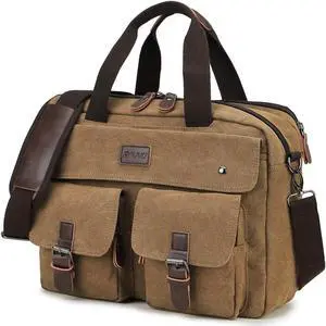 RAVUO Messenger Bag, 15.6 Inch Laptop Briefcases for Men Water Resistant Canvas Travel Laptop Bag Large Business Office Computer Satchel Bag Brown