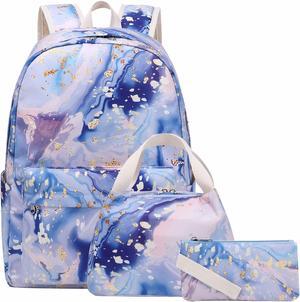 SHEEYEE Girls Backpack for School Teen Girl Kids Bookbag with Lunch Box Set Students Laptop Marble Backpacks for Elementary
