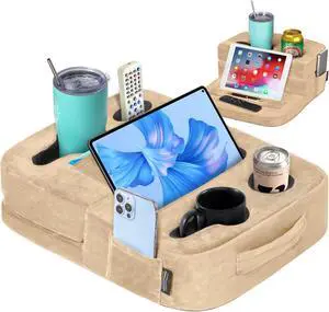TabCouchCaddy - Couch Cup Holder Tray Pillow - Bed, Couch Caddy, Sofa, RV & Car - Holds Drinks, Snacks, Remotes, Phones, Kindle, Tablet | Bed Cup Holder (Beige)