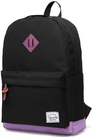 VASCHY Backpack for Teen Girls, Unisex Classic Water Resistant School Backpack Fits 15Inch Laptop (Black Purple)