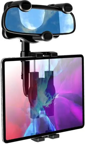 YOOZ Car Rearview Mirror Tablet Mount, Truck Rear View Mirror Tablet Phone Holder Bracket with Adjustable Arm [Rotatable 360° & Retractable] for iPad Air Mini, Galaxy, Fire, iPhone, 4-11"