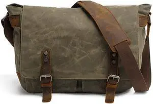 HuaChen Mens Messenger Bag, Vintage Genuine Leather Waxed Canvas Shoulder Bag for 14" Laptop,Rugged Briefcase Satchel Computer Case - M49 Army Green