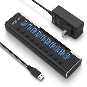 Powered USB Hub, Rosonway Aluminum 10 Port USB 3.0 Data Hub with 36W (12V/3A) Power Adapter and Individual On/Off Switches USB Splitter(RSH-A10)