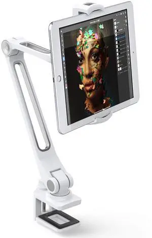 AboveTEK iPad Desk Mount, Multi-Angle Adjustable Tablet Clamp Holder, 360° Swivel Arm Aluminum Tablets Stand, Fits 4"-11" Tablet/Phone/iPad mini for Home Office Kitchen Bedside (White)