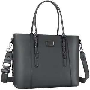 MOSISO PU Leather Laptop Tote Bag for Women (17-17.3 inch), Waterproof Large Capacity Business Work Briefcase Shoulder Laptop Bag, Gray