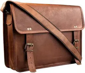 RUSTIC TOWN Leather Messenger Bag for Men Women - Full Grain Leather Laptop Satchel Office Shoulder Bag (14 Inch, Brown)