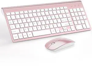 Wireless Keyboard and Mouse Ultra Slim Combo, TopMate 2.4G Silent Compact USB 2400DPI Mouse and Scissor Switch Keyboard Set with Cover, Batteries Included, for PC/Laptop/Windows/Mac - Rose Gold White