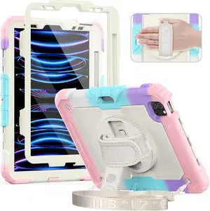 Timecity Case for iPad Pro 11 inch 4th/ 3rd/ 2nd/ 1st Generation, Full-Body Protective Case with Screen Protector, Rotating Stand/Handle, Pencil Holder for iPad 11 Inch 2022/2021/2020/2018-Pink Camo