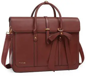 MOSISO Laptop Bag for Women, 15-15.6 inch PU Leather Laptop Shoulder Bags Convertible Backpack, 16 inch Messenger Bags Casual Handbag Work Briefcase Travel Computer Bag with Bowknot, Brown