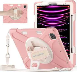 BRAECNstock Kids Case for Apple iPad Air 13 inch/iPad Pro 12.9 inch 6th/5th/4th/3rd Gen, Shockproof Protective Case with Pencil Holder, 360deg Rotating Stand & Hand Strap, Shoulder Strap, Rose Gold