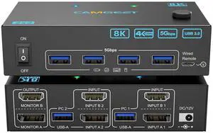 4K@144Hz KVM Switch 2 Monitors 2 Computers 8K@60Hz,Camgeet HDMI and Displayport Dual Monitor KVM Switch with 4 USB 3.0 Port for Keyboard Mouse Printer,Wired Remote,Power Adapter and USB Cable Included