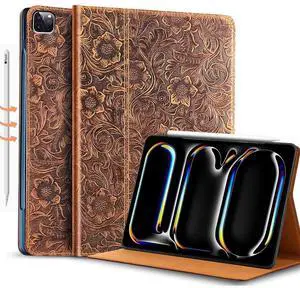 Gexmil Genuine Leather Case for iPad Pro 11 Inch M4 2024 with Adjustable Stand,Protective Shockproof Premium Leather Smart Folio Cover Auto Sleep/Wake Anti-Slip, Flower Brown