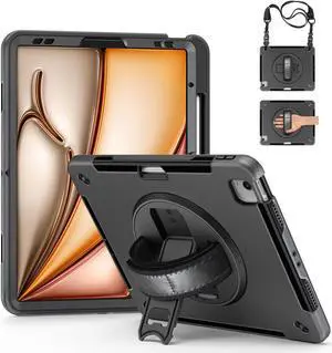 Junfire Protective Case for iPad Air 6th Generation M2 13-inch 2024, Shockproof Rugged iPad A2898 A2899 A2900 Case, iPad Air13 Case with Kickstand/Hand Strap/Shoulder Strap/Stylus Holder-Black