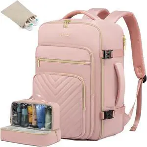 LOVEVOOK Large Travel Backpack for Women, Carry On Bag Backpack Flight Approved, 40L TSA Personal Item Travel Bag with 3 Packing Cubes, Waterproof 17 Inch Laptop Hiking Casual Bag Backpack, Pink-a
